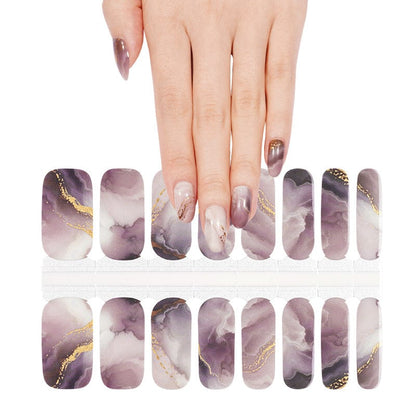 Mauve and ivory marble nail wraps with gold foil veining, glossy finish