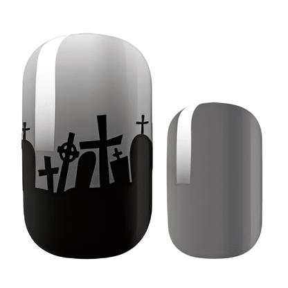 Gothic cemetery design nail wraps in grey with black graveyard silhouettes