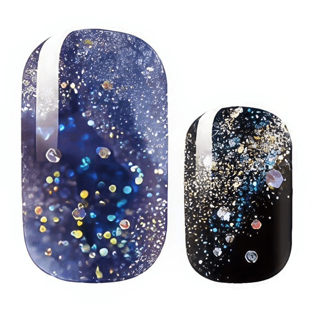Navy blue and black galaxy nail wraps with holographic glitter celestial pattern