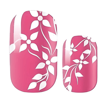 Pink nail wraps with white floral pattern design for DIY manicure and nail art