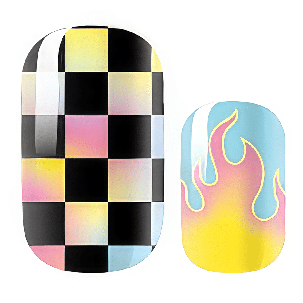 Non-UV nail wraps featuring holographic chequered pattern and gradient flame design in rainbow colours