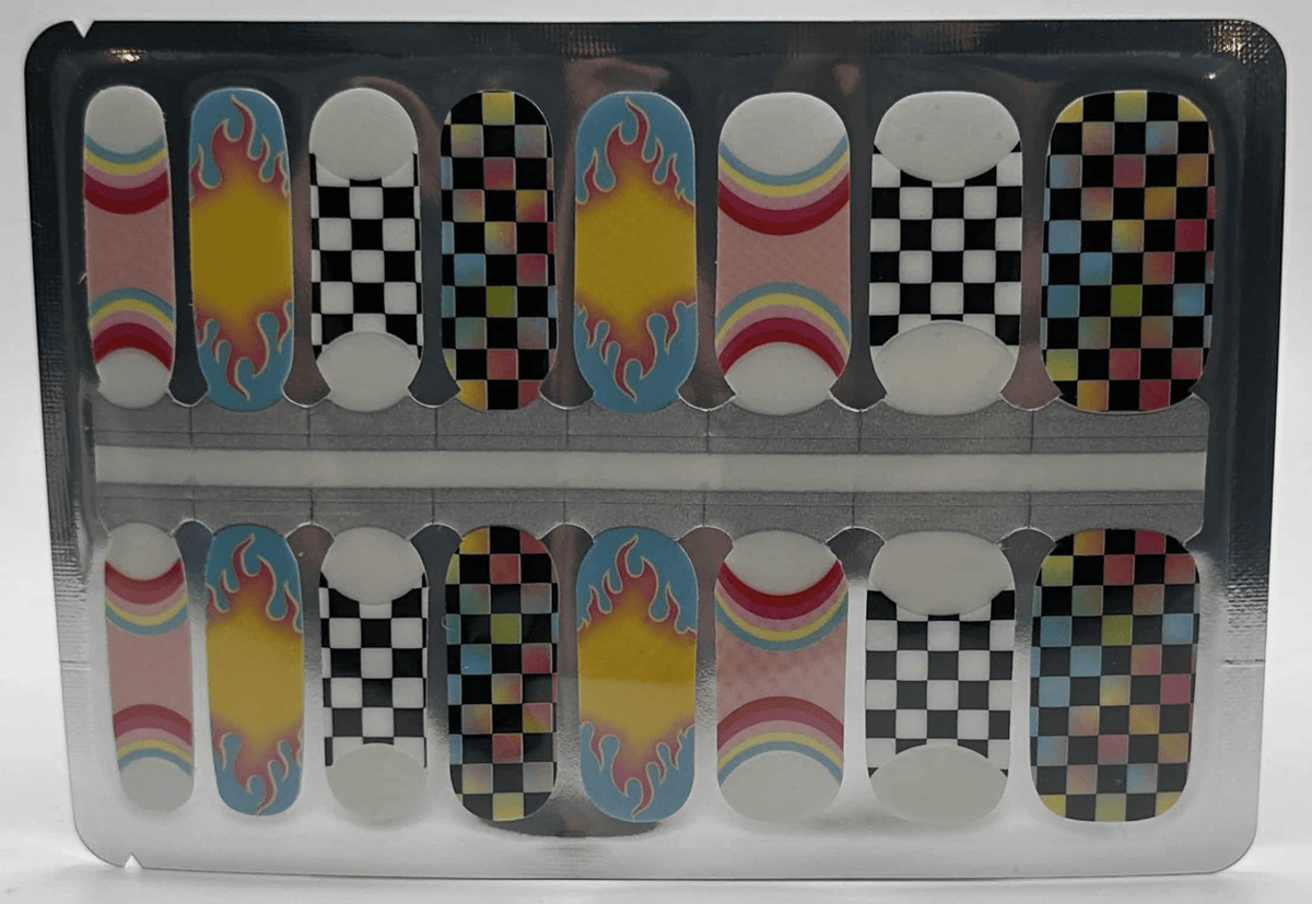 Colourful non-UV nail wraps featuring chequered flag, flame and rainbow patterns for at-home manicure