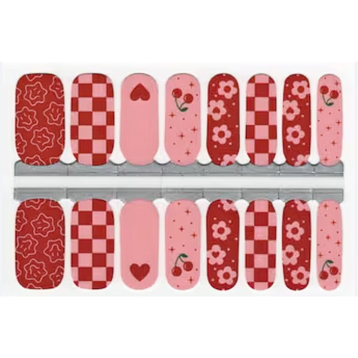 Sheet of cherry-themed nail wraps featuring red checkerboard and pink heart designs