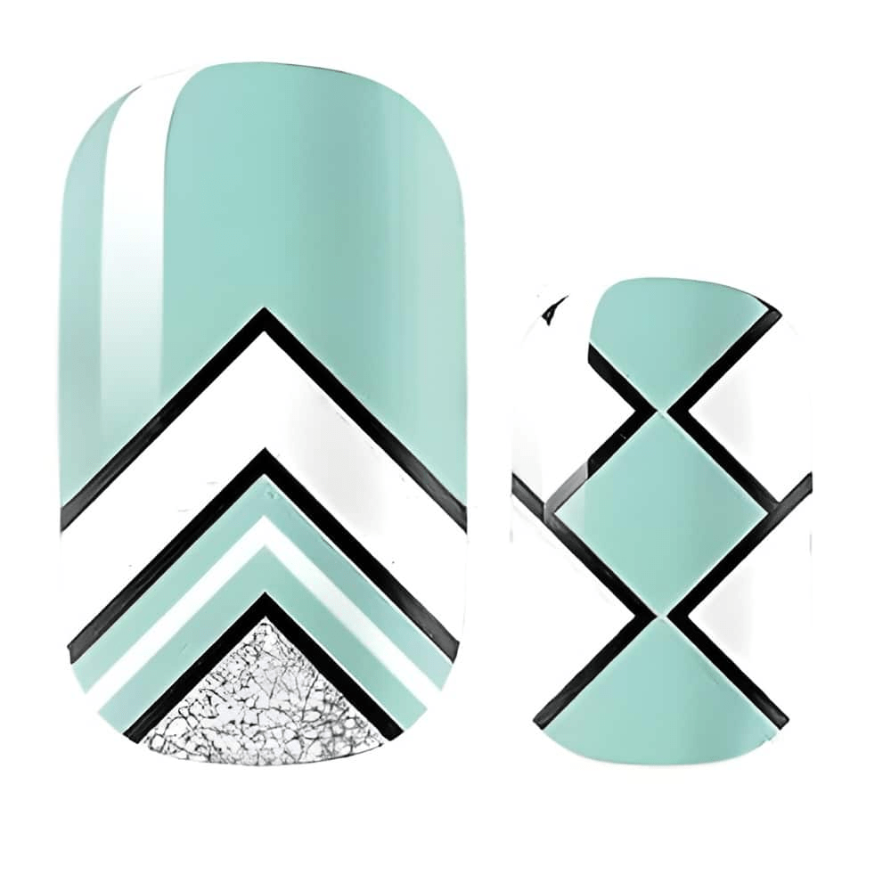 Mint green chevron pattern nail wraps with white geometric stripes and glitter accents
