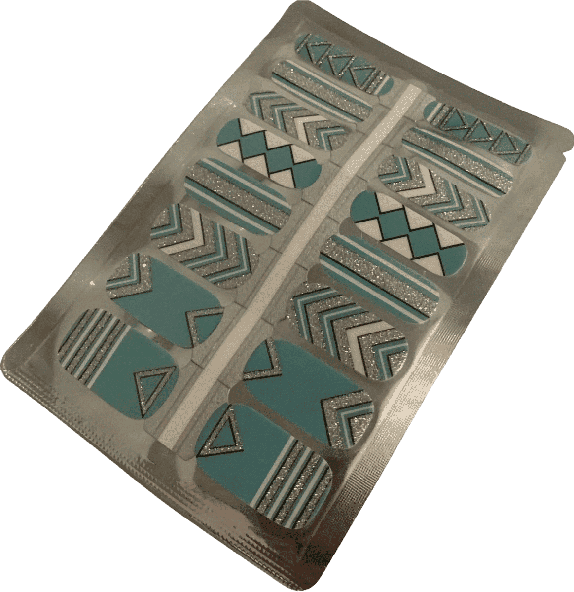 Teal chevron nail wraps sheet with geometric silver glitter stripe patterns
