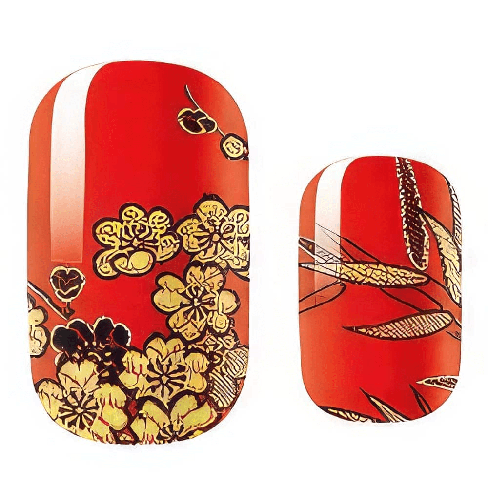 Red nail wraps with gold chinoiserie floral pattern non-UV manicure design