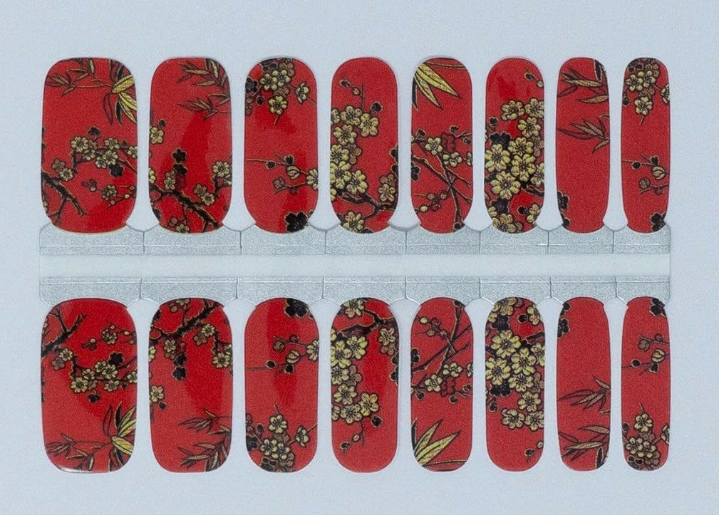 Red nail wraps with gold chinoiserie flowers full sheet nail art stickers
