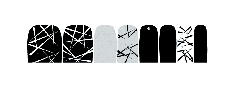 Monochrome geometric pedicure nail wraps showing black and white abstract line patterns