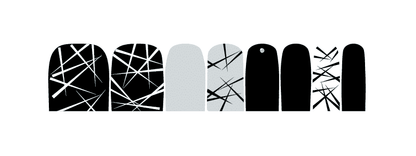 Monochrome geometric pedicure nail wraps showing black and white abstract line patterns