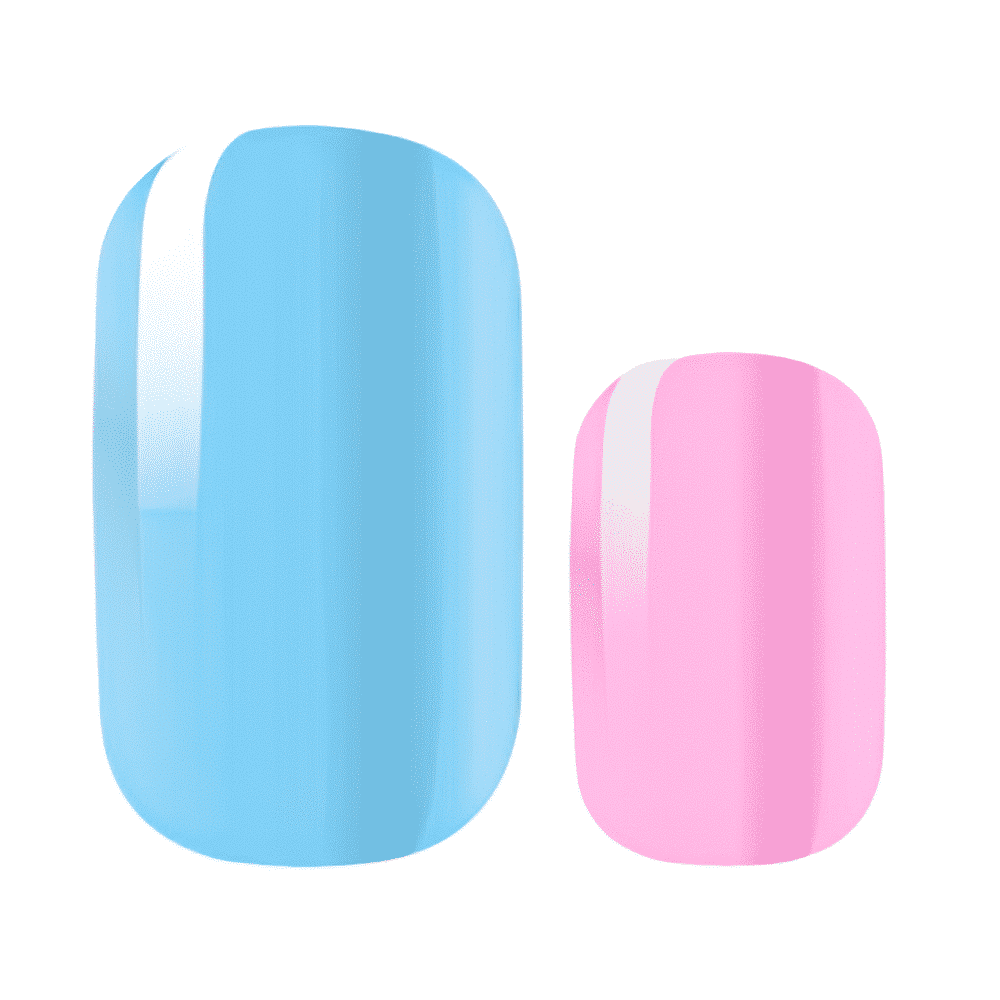 Glossy sky blue and pink nail wraps with a white vertical stripe accent