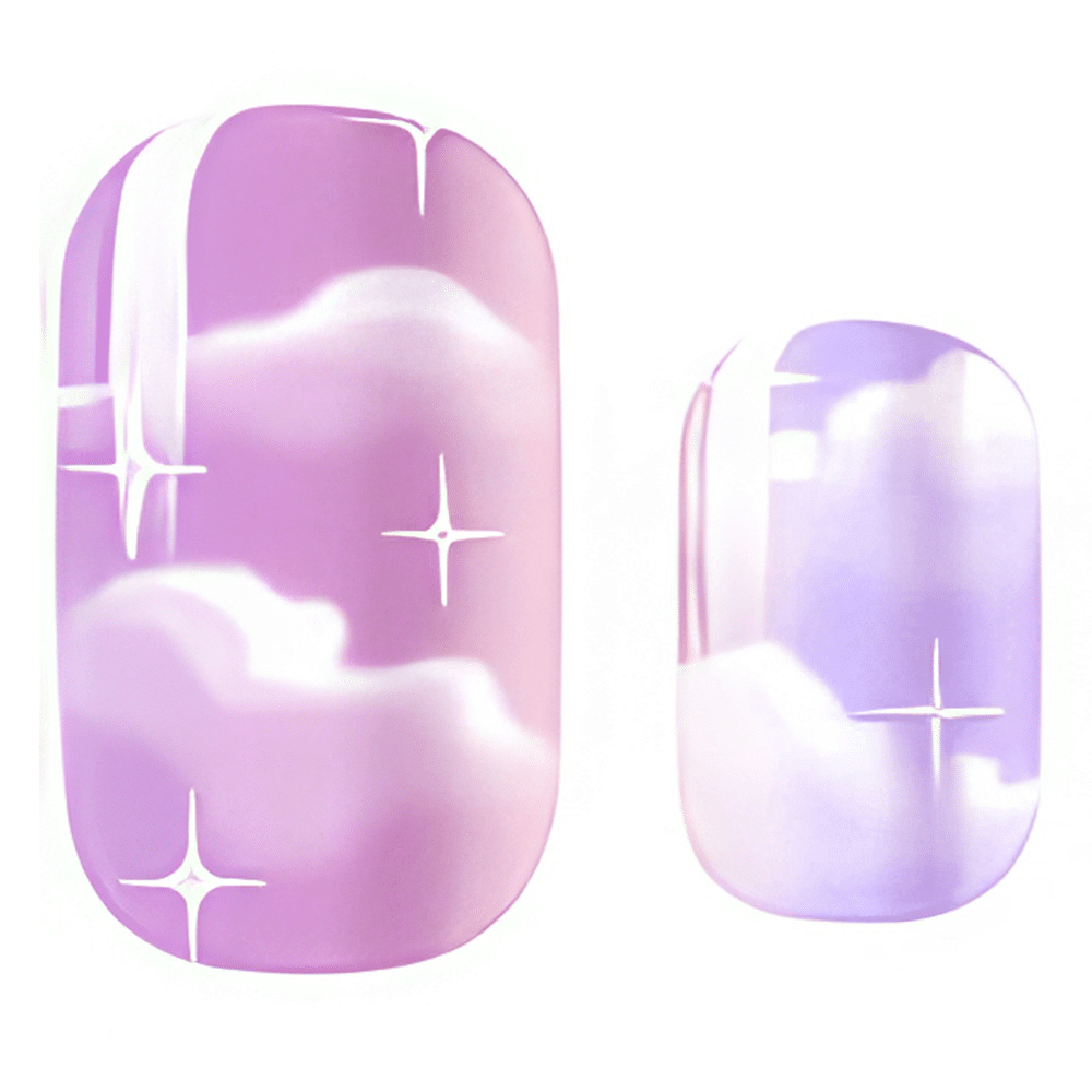 Purple and yellow cloud pattern nail wraps with white star accents