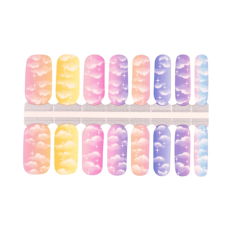 Colourful cloud pattern nail wraps in pastel pink yellow purple shades