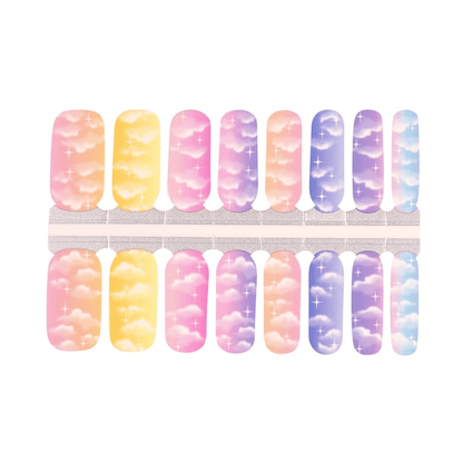Colourful cloud pattern nail wraps in pastel pink yellow purple shades