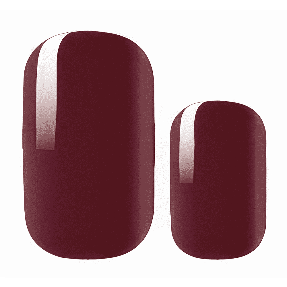 Deep burgundy nail wraps with a glossy white vertical stripe accent, glossy finish