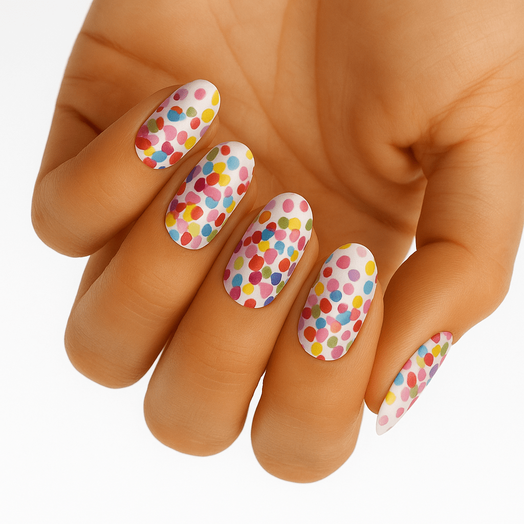 Multicoloured confetti nail wraps on hand with pink blue white polka dots