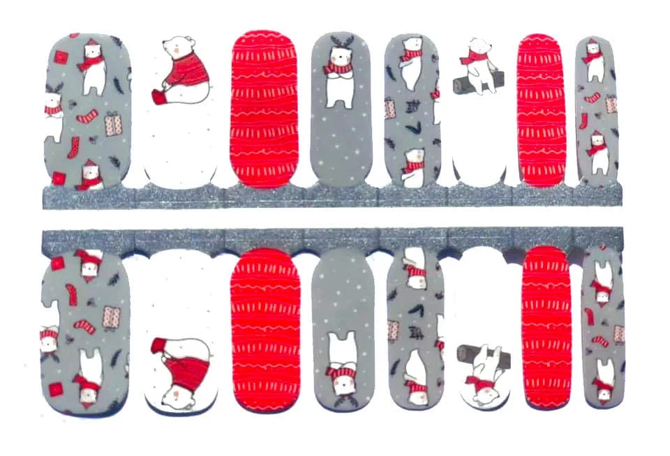 Christmas nail wraps sheet with polar bear characters in red scarves and winter patterns for at-home manicure