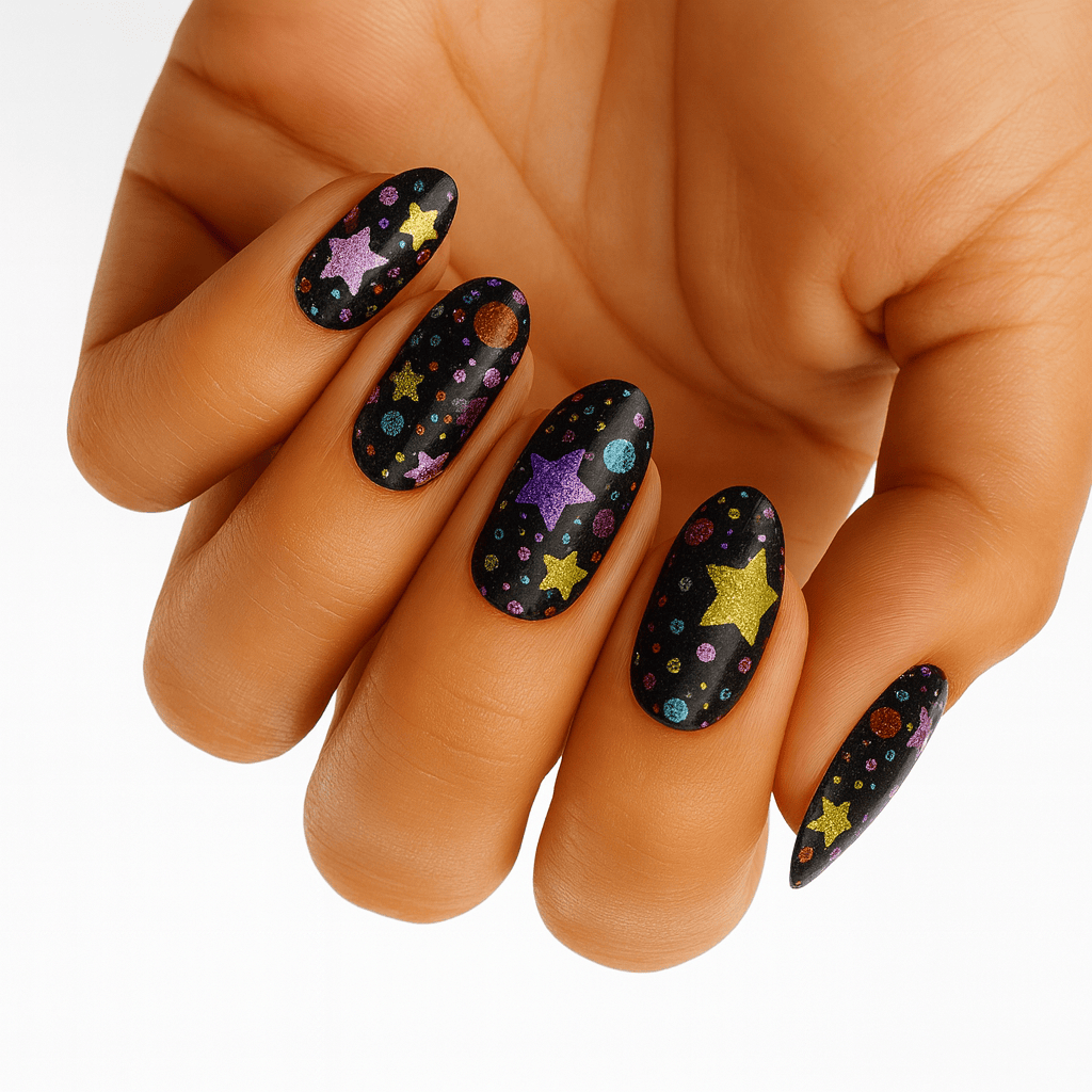 Black nail wraps with colourful star pattern on hand showing cosmic nail art