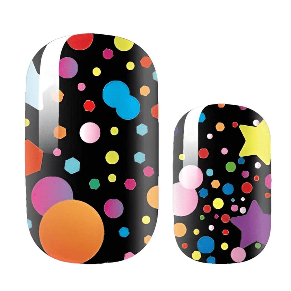 Black nail wraps with colourful polka dot pattern featuring multicoloured circles and cosmic design