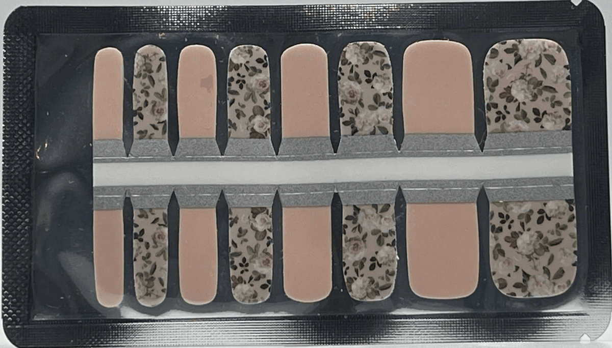 Nude and brown floral pedicure wraps with botanical pattern arranged in packaging sheets