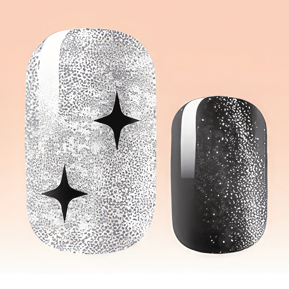 Glitter nail wraps featuring black stars on silver background with sparkle finish