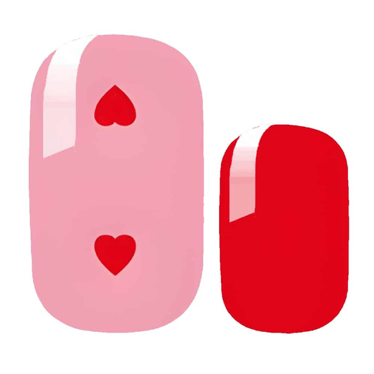 Pink and red nail wraps with heart patterns for Valentine's manicure