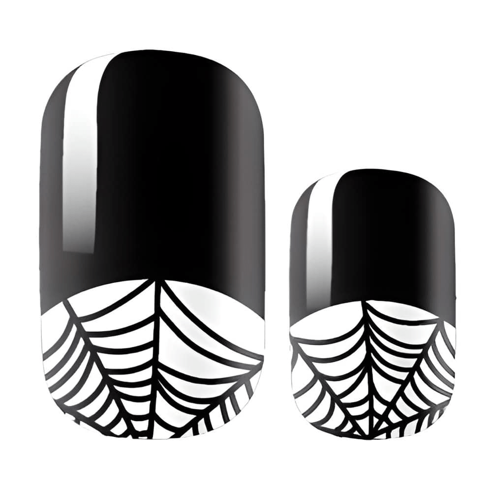 Black glossy nail wraps featuring white spider web design for gothic manicure