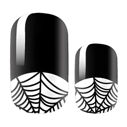 Black glossy nail wraps featuring white spider web design for gothic manicure