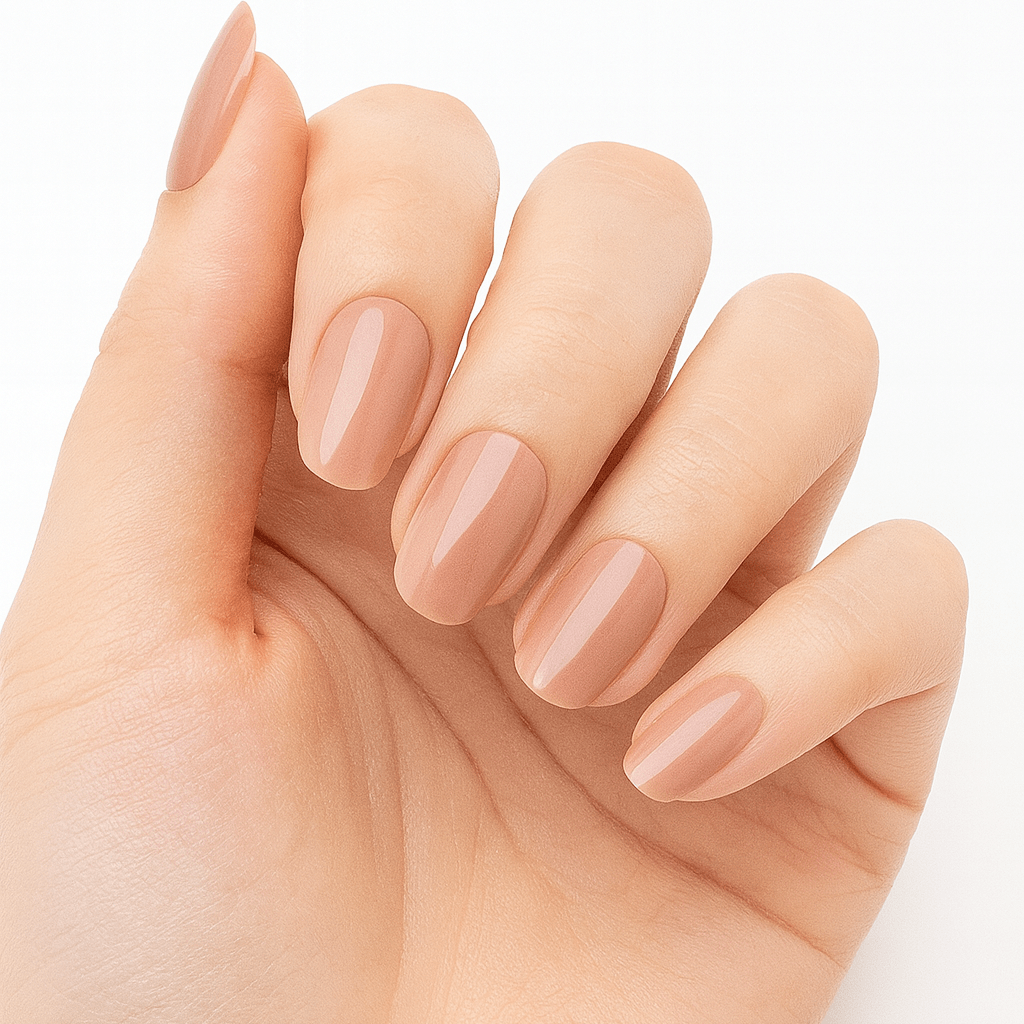 Glossy caramel nude nail wraps in a solid creme finish on short round nails