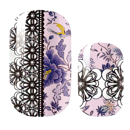 Purple floral nail wraps with black lace crochet pattern and botanical designs