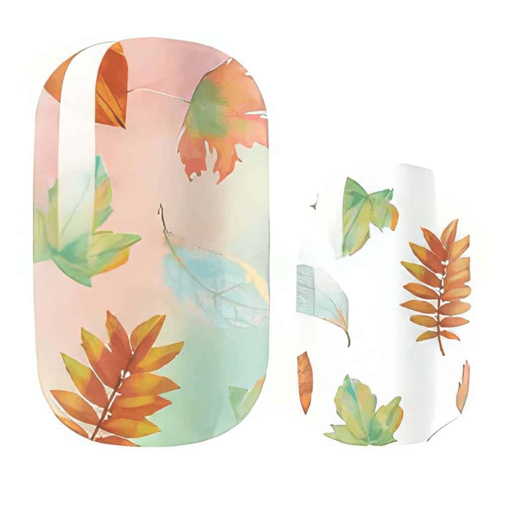 Autumn leaves nail wraps showing orange green botanical patterns on clear base