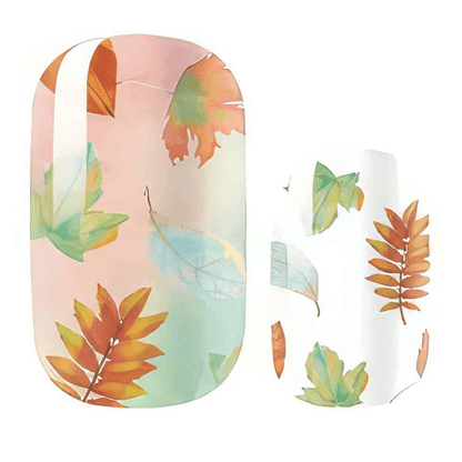Autumn leaves nail wraps showing orange green botanical patterns on clear base