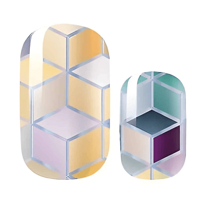 Multicoloured geometric cube pattern non-UV nail wraps in yellow green purple shades