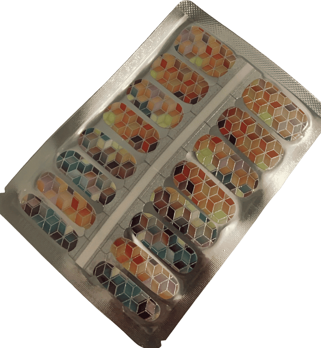 Complete sheet of geometric cube pattern nail wraps in multicoloured geometric design