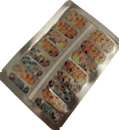 Complete sheet of geometric cube pattern nail wraps in multicoloured geometric design