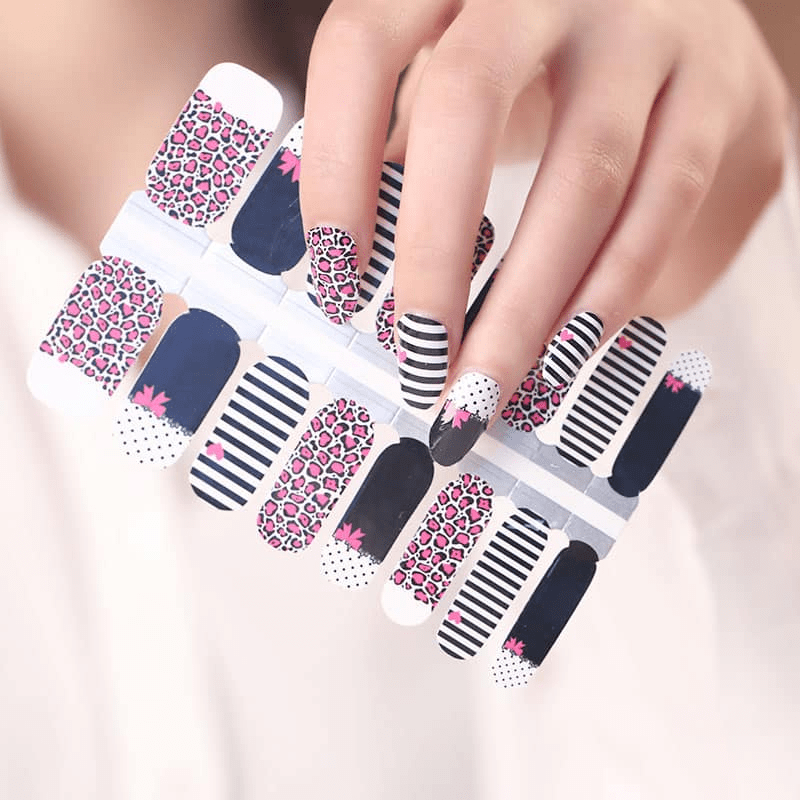 Non-UV nail wraps sheet featuring black, leopard print, striped and polka dot designs