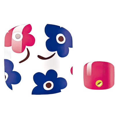 Red and navy flower nail wraps pedicure design with pink accent nail