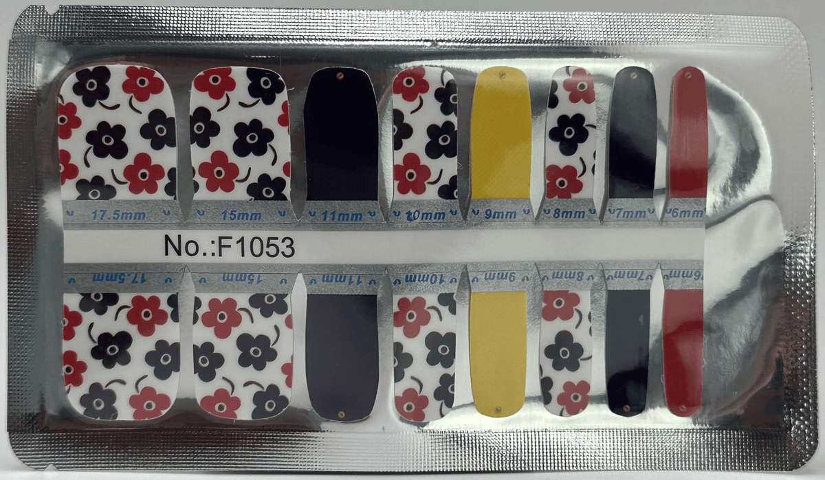 Dahlia flower pedi wrap strips in red navy pattern for toenail art