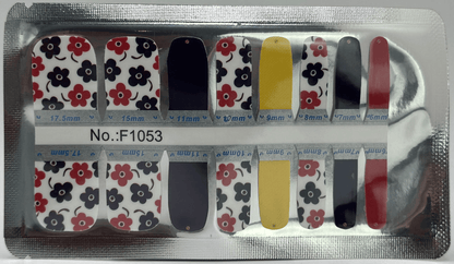 Dahlia flower pedi wrap strips in red navy pattern for toenail art