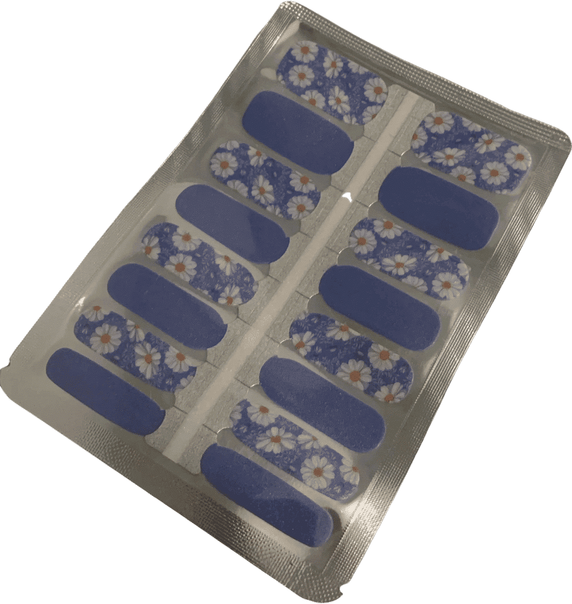 Blue daisy floral nail wraps with white flowers in packaging for at-home manicure