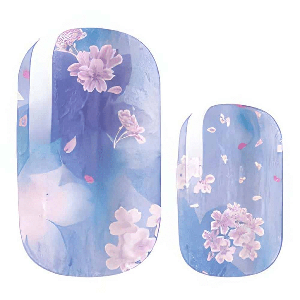 Blue floral non-UV nail wraps with pink daisy pattern for at-home manicure