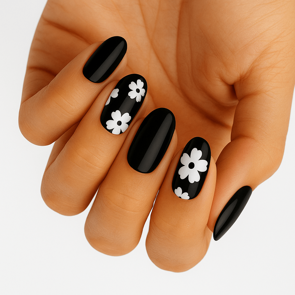 Black nail wraps with white daisy floral pattern on hand showing at-home manicure