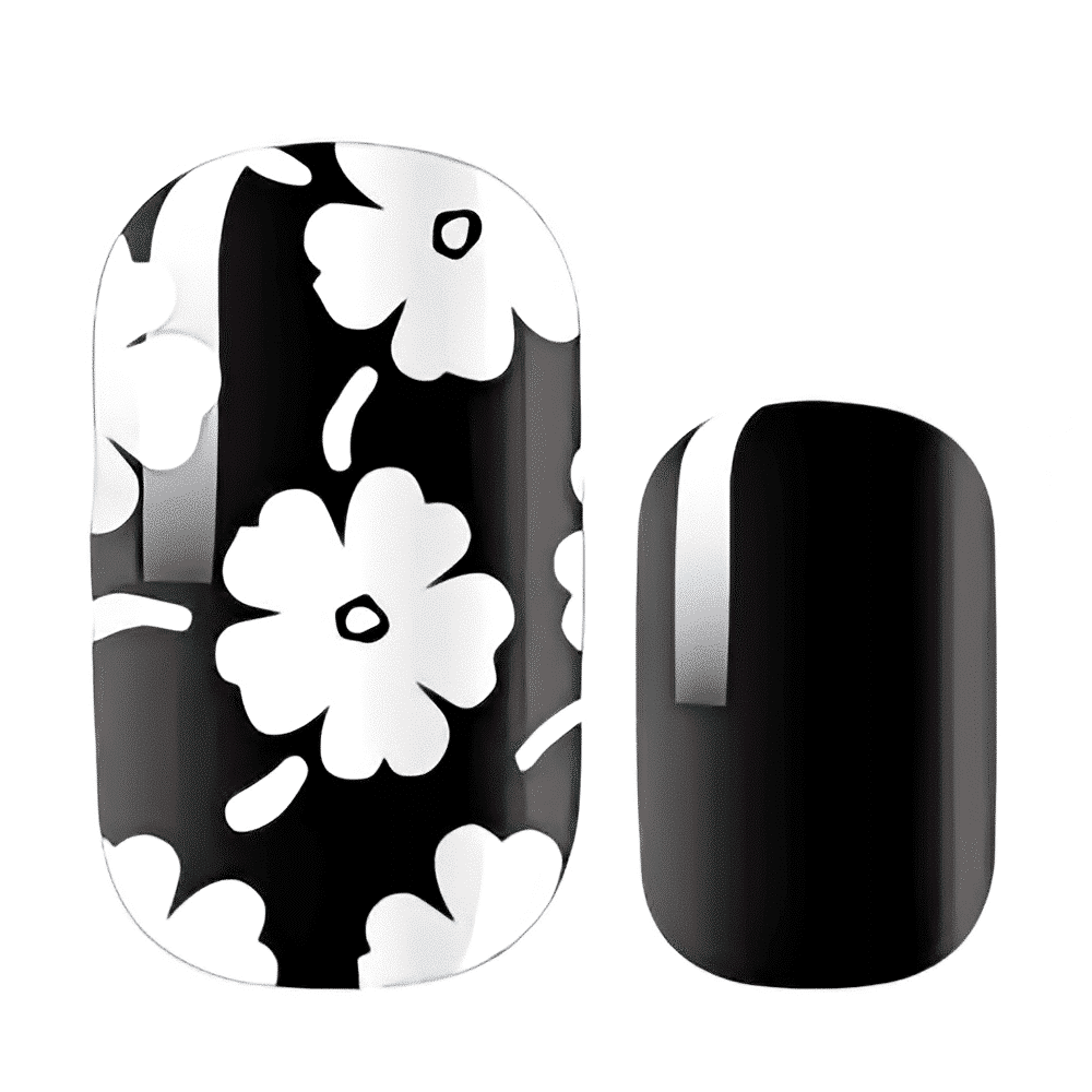 Non-UV nail wraps featuring black base with white daisy flowers and solid black design
