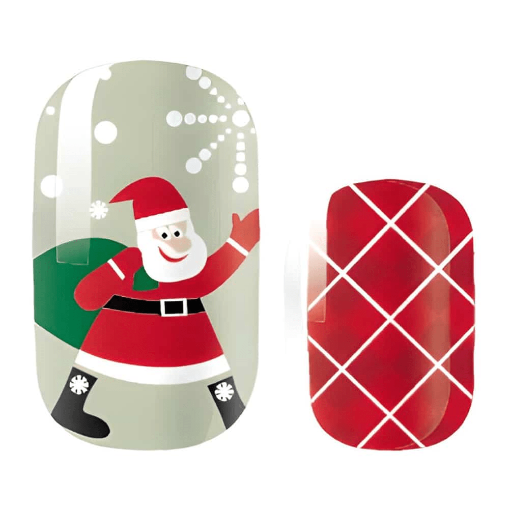 Festive nail wraps with Santa Claus design and red diamond pattern for Christmas manicure