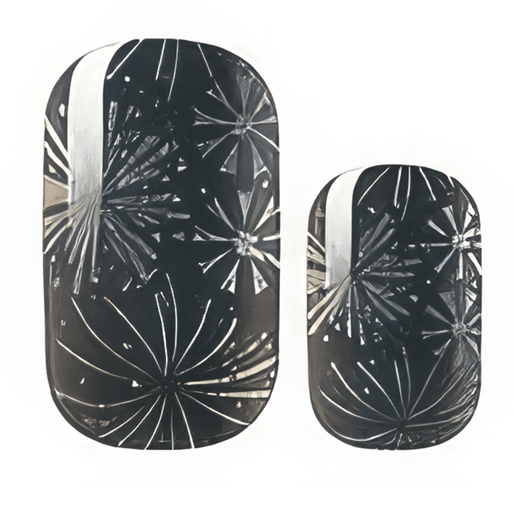 Black nail wraps with white dandelion pattern design for at-home manicure