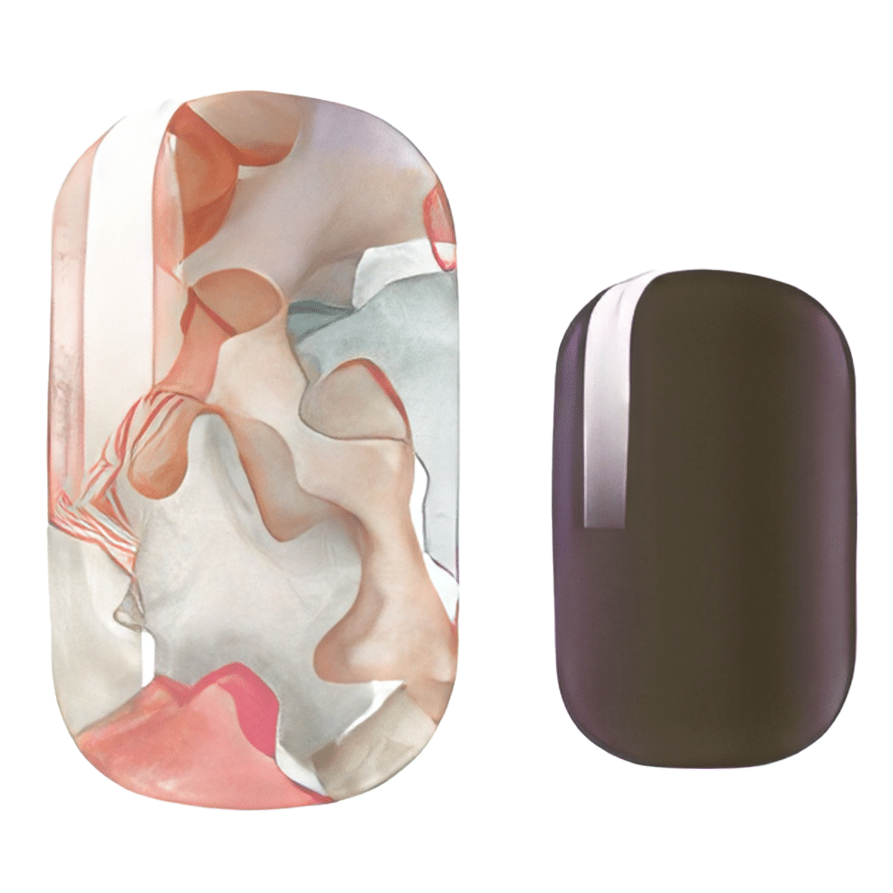Dappled watercolour nail wraps with abstract coral pink and dark brown swirl patterns