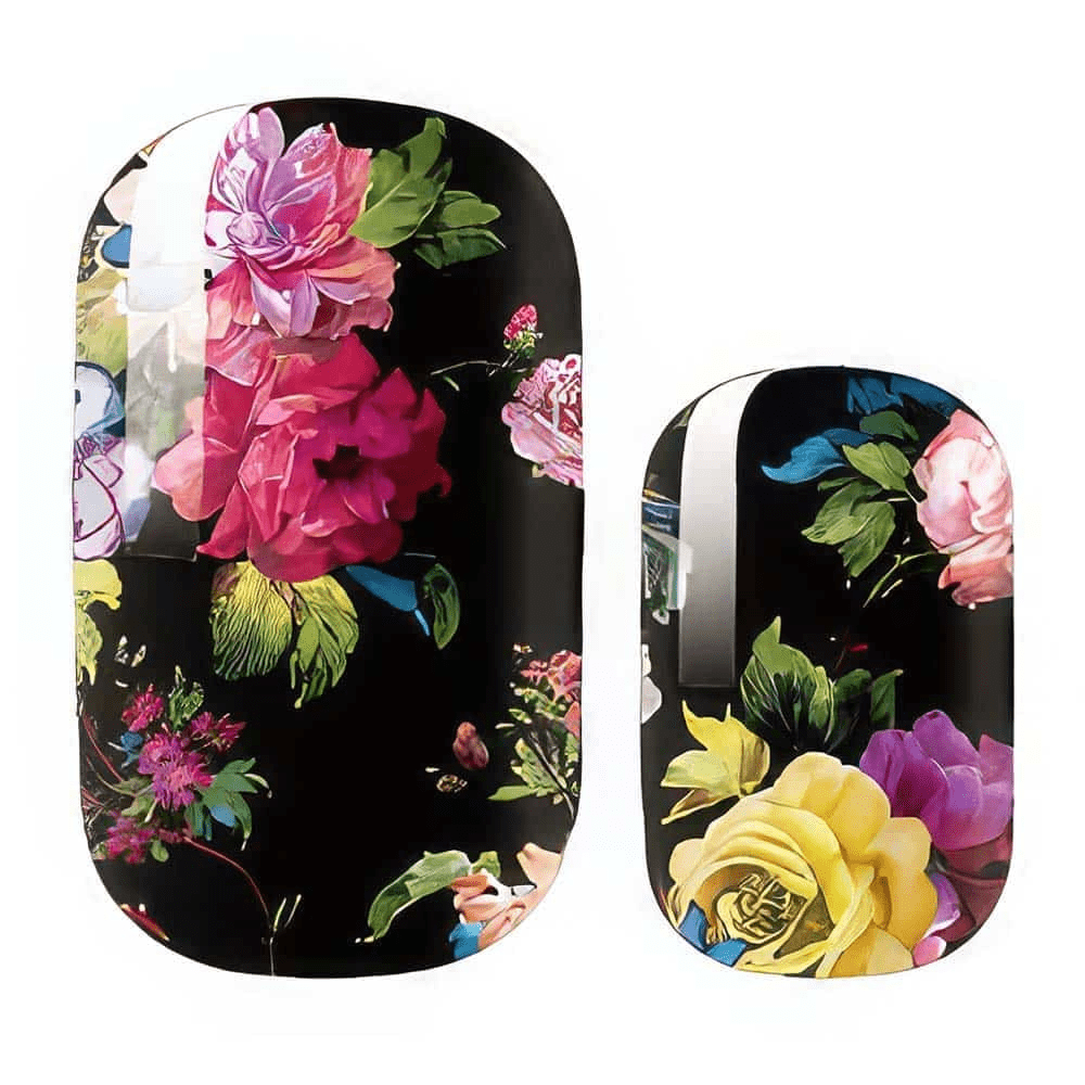 Black nail wraps with glossy multicolour floral print of pink and yellow roses
