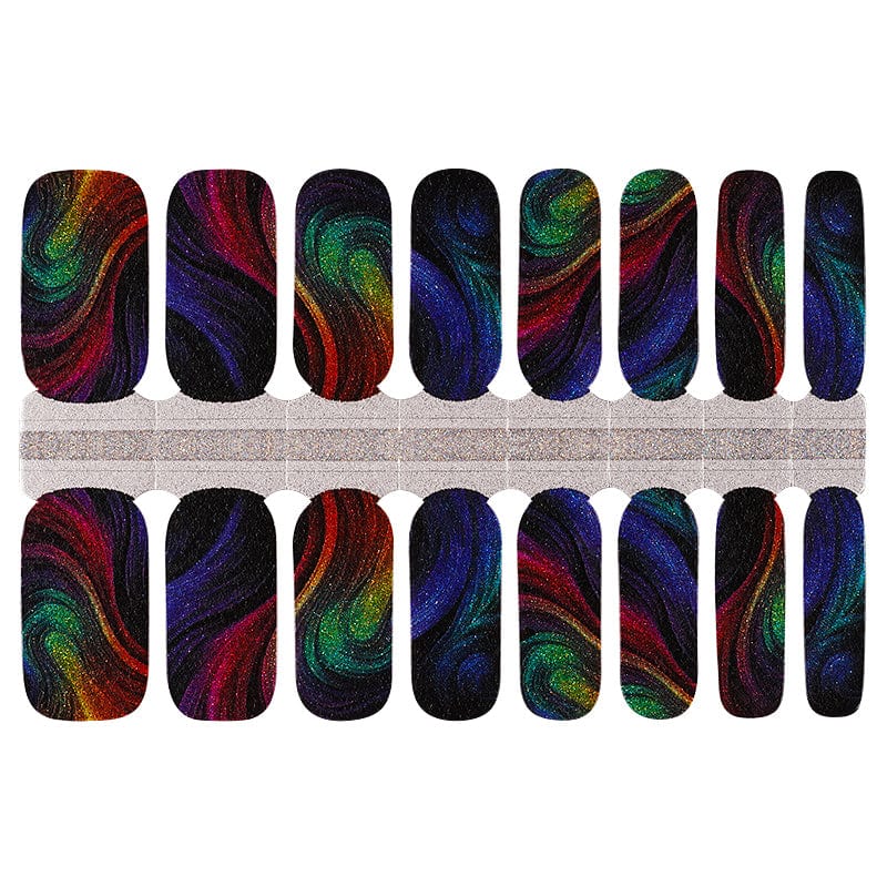 Black nail wraps with multicoloured swirling marble pattern and holographic shimmer finish