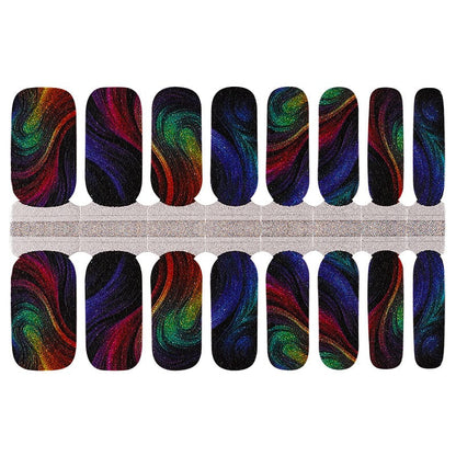 Black nail wraps with multicoloured swirling marble pattern and holographic shimmer finish
