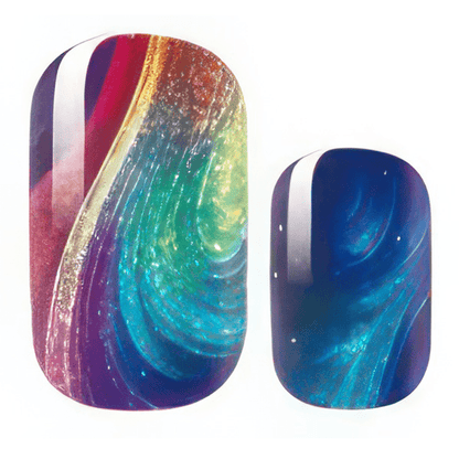 Holy Classics nail wraps, galaxy-swirl design in navy, teal, gold and burgundy tones