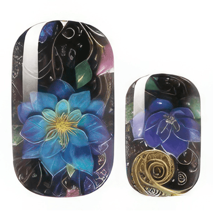 Dark floral nail wraps with blue purple flowers and golden accents on black background